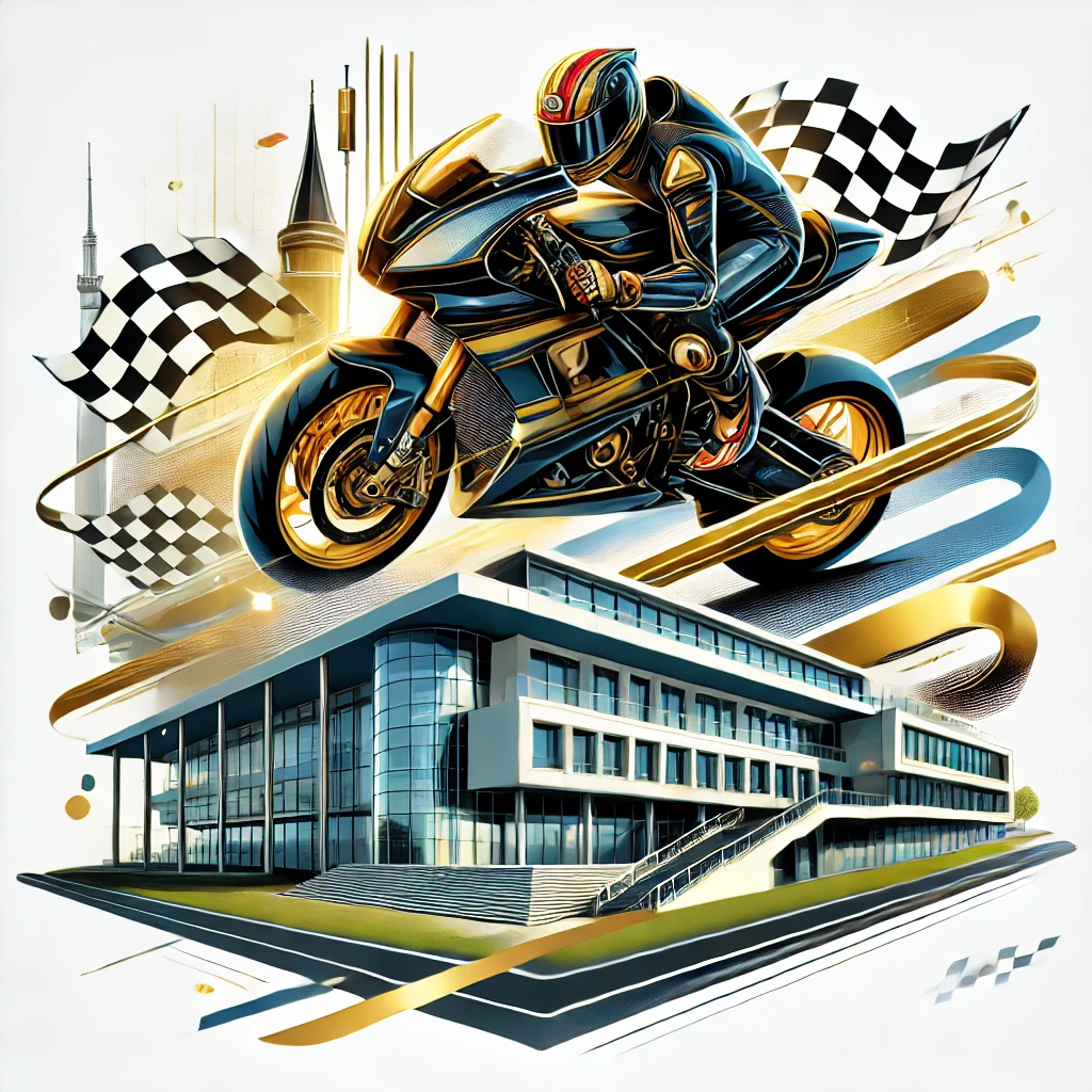 DALL·E 2024-11-18 10.32.55 - An artistic illustration combining the essence of the Bol d'Or motorcycle race and the architecture of the Lycée Pierre Mendès France. The image featu.webp